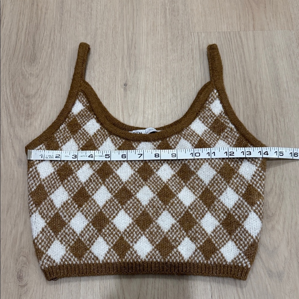 Zara small Brown and White Checkered Women's Top - Picture 3 of 6